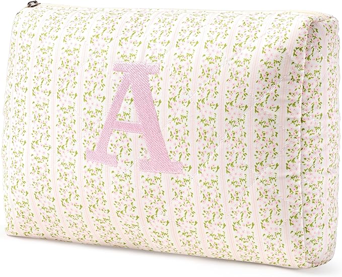 HBselect Initial Quilted Makeup Bag, Pink Cosmetic Travel Toiletry Bag, Flowers Coquette Zipper Make Up Pouch Organizer Teen Girl Gift Trendy Stuff A