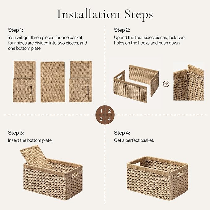 UBBCARE 4 Pack Wicker Basket, 13.4L×8.3H×7.1W inch Woven Paper Rope Storage Baskets for shelves, Foldable Rectangular Storage Baskets with Handle, Storage Basket for Organizing, Natural