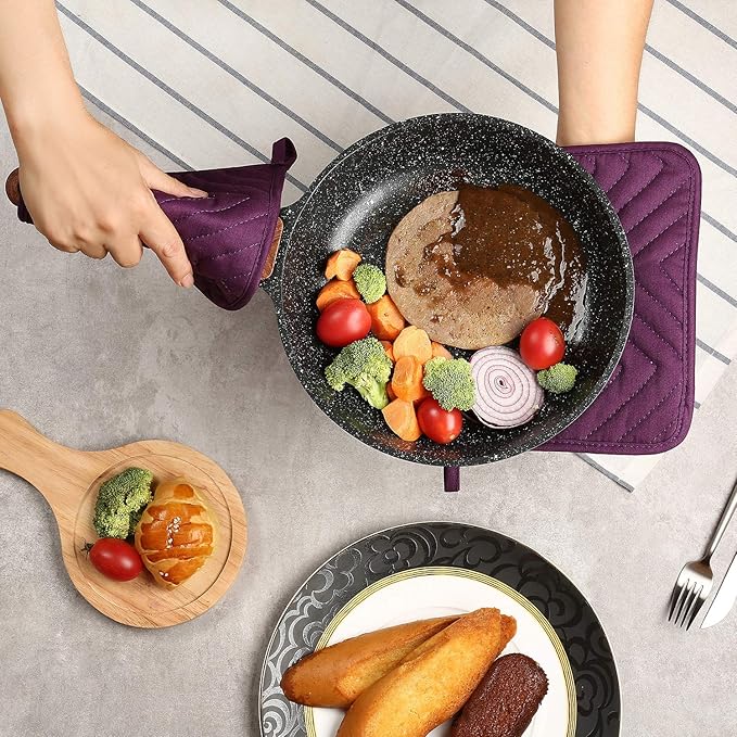 Cotton Pocket Pot Holders Machine Washable Heat Resistant Hot Pads for Kitchen Square Purple Oven Mitts 7"x9" Set of 3