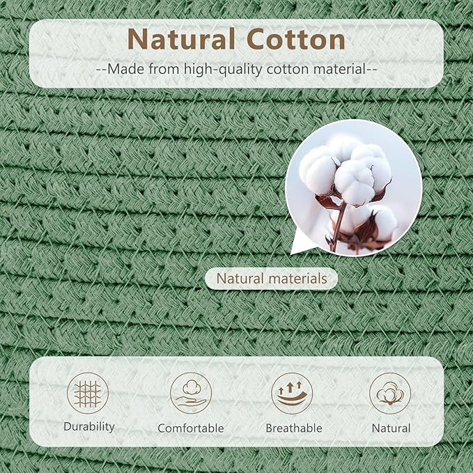 Cotton Rope Storage Basket, 15x10x9 Inches, Woven Basket for Shelves, Clothes, Towels, Books, and Laundry, Green (3 Pack)