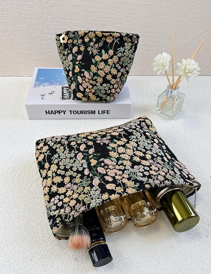 2 Pcs Makeup Bags, Large Cosmetic Bag Travel Toiletry Bag Organizer for Women, Embroidery Craft, Floral Makeup Bag Small Cosmetic Pouch Purse with Zipper Gifts for Girls Teen