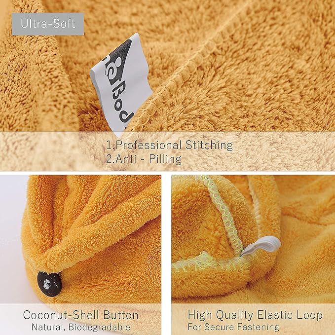 myHomeBody Hair Towel Wrap, Luxury Quick Drying Turban, Ultra Soft Absorbent Charcoal Fiber Cap, with Coconut Shell Button– Mango