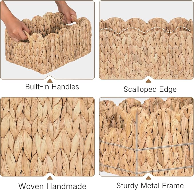 Scalloped Wicker Basket, Set of 2 Woven Rattan Natural Water Hyacinth Baskets with Built-in Handles, Rectangle Storage Baskets for Organizing, Decor, Shelf and Nursery Room