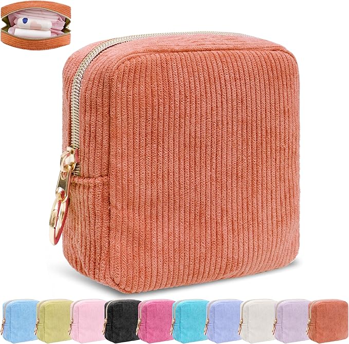 Period Bag for Girls, Corduroy Sanitary Napkin Storage Bag, Period Pouch & Tampon Holder, Feminine Care Organizer（Orange）