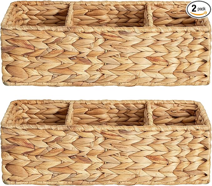 StorageWorks Wicker Basket Tank Topper, Wicker Storage Basket for Shelves, Toilet Paper Basket for Back of Toilet Tank Top, 3-Section Water Hyacinth Storage Baskets, 2-Pack