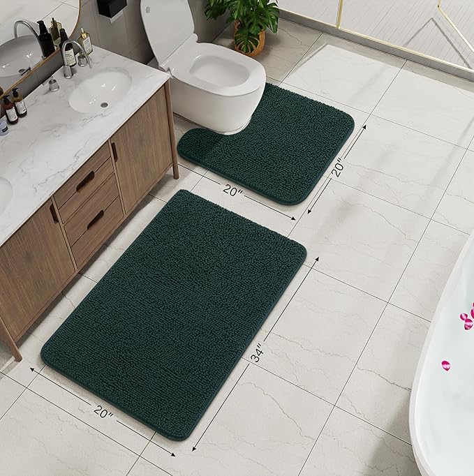AROGAN Bathroom Rug Sets 2 Piece, 20"x20" U-Shaped Toilet Mat and 21"×34" Bath Mats Floor Set, Washable Bath Rug Set, Absorbent Soft Non Slip Bathroom Rug, Hunter Green
