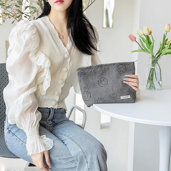 Makeup bag for Women, Corduroy Cosmetic Bag Aesthetic Design Ladies Tote Bag,Cute Smiley Face Makeup Organizer with Zipper - Gray