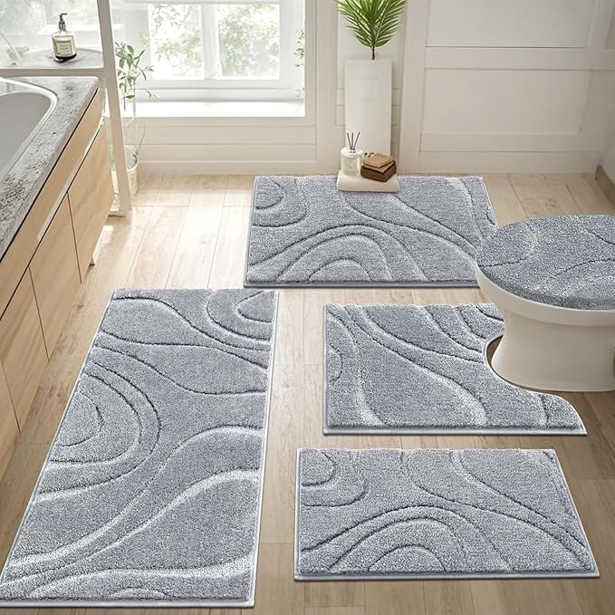 HEBE Bathroom Rugs Sets 5 Piece, Soft Absorbent Microfiber Bath Mat for Bathroom, Non Slip Washable Bath Rug Set with Toilet Cover, Bath Runner and U-Shaped Contour Toilet Rug, Light Grey