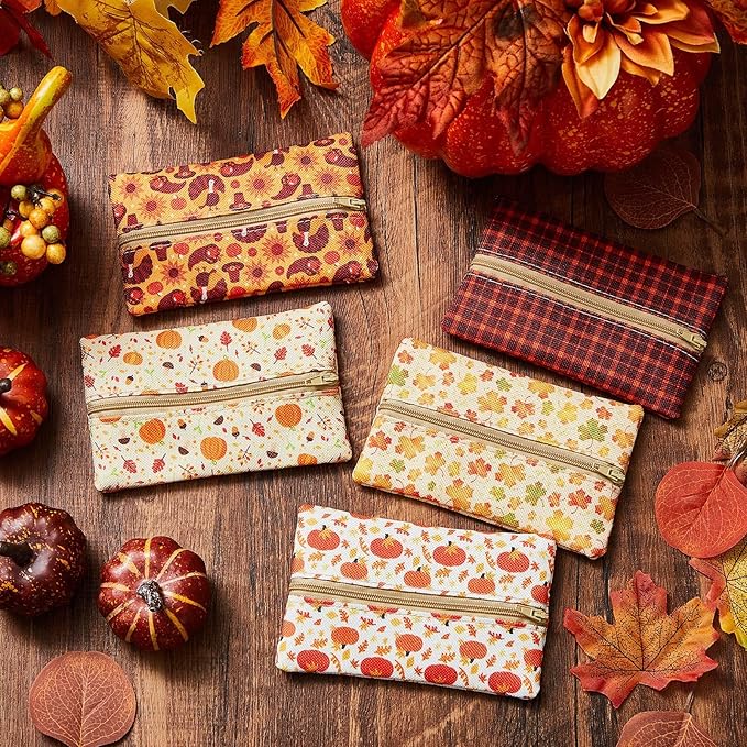 Sherr 5 Pieces Tissues Purse Pocket Tissue Holder Reusable Travel Tissue Pouch Fabric Zipper Enclosed Small Size Leaves Pattern Tissue Holder for Purse Coins for Fall, 5.25 x 3 Inches (Autumn Style)