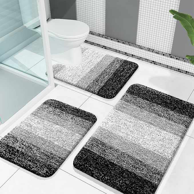 OLANLY Bathroom Rugs Sets 3 Piece, Soft Absorbent Microfiber Bath Mats and U-Shaped Contour Toilet Rug, Plush Shaggy Bath Mat Set for Bathroom (30"x20"+24"x16"+24"x20", Black)