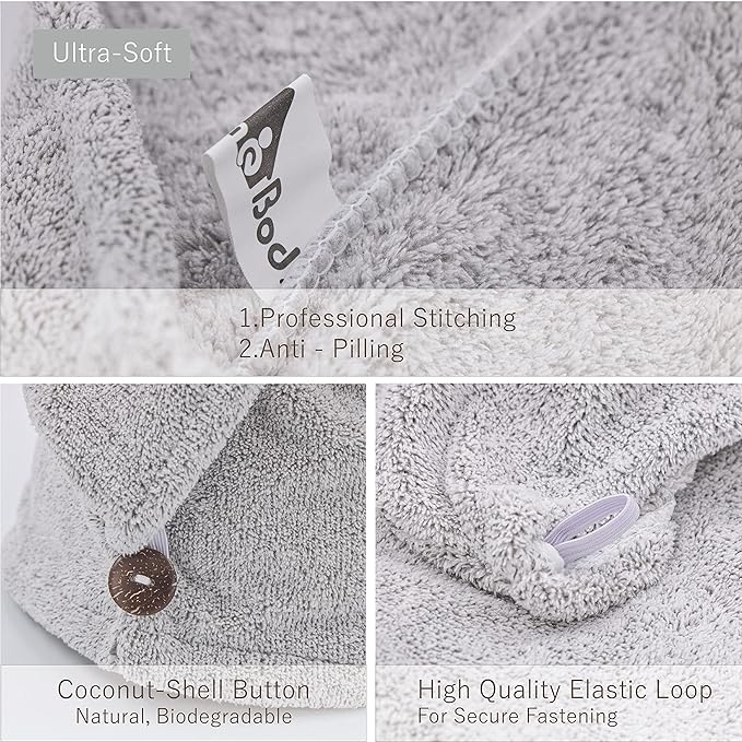 myHomeBody Hair Towel Wrap, Luxury Quick Drying Turban, Ultra Soft Absorbent Charcoal Fiber Cap, with Coconut Shell Button – 2 Pack