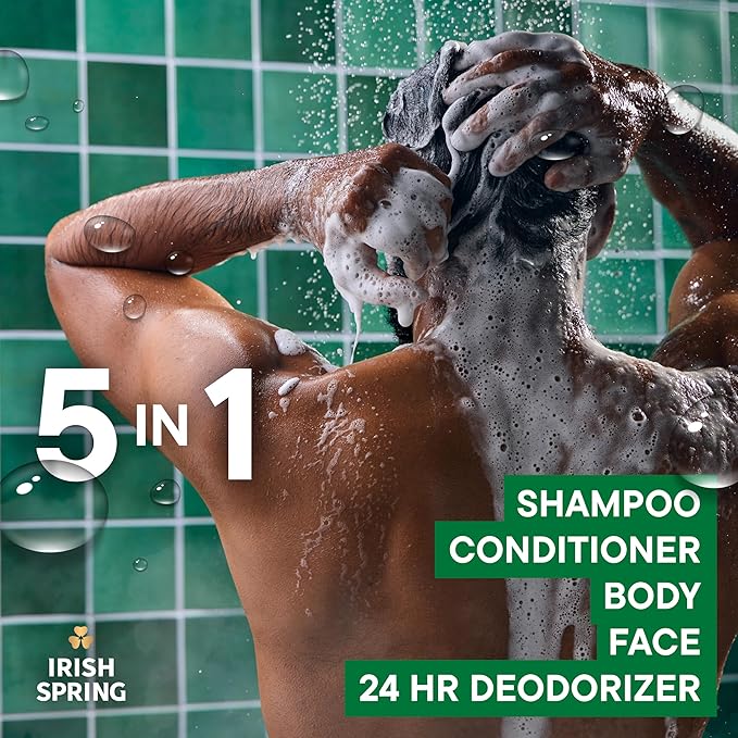 Irish Spring 5 in 1 Moisturizing Body Wash for Men, Shampoo, Conditioner, Body and Face Wash, and 24 Hour Deodorizer, Paraben-Free, Fresh Eucalyptus & Bergamot Scent, 20 fl oz