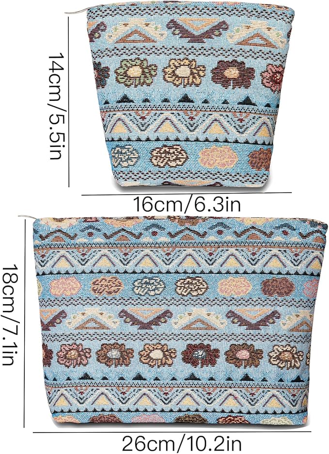 2 PCS Makeup Bag Small Cute Cosmetic Bags for Women，Floral Travel Toiletry Bag for Purse, Large Canvas Cosmetic Pouch Makeup Organizer Tool Pouch with Zipper（Bohemian Blue）