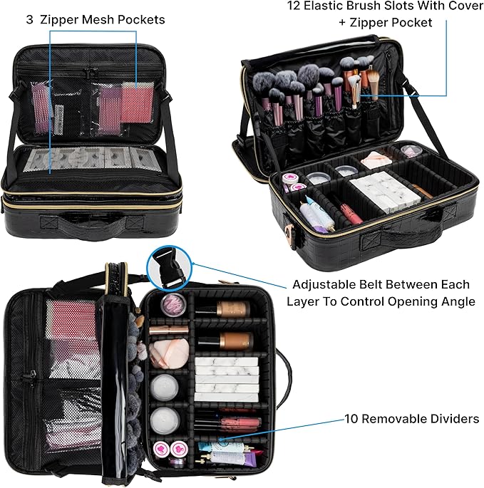 Carrywell Makeup Bag Travel Case, Not-Made In China, Hard Train Case for Cosmetics, Portable Beauty Artists Organizer, Storage Box With Adjustable Dividers For Make Up and Brushes, Medium Crocodile