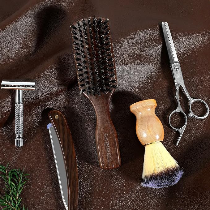 GAINWELL Wild Boar Bristle Hair Brush for Men, Slick Back Hair Brush with Stiff Boar Bristles for Thick Hair, Natural Black Walnut Wooden Handle Hairbrush, Beard Mustache Brush - Large