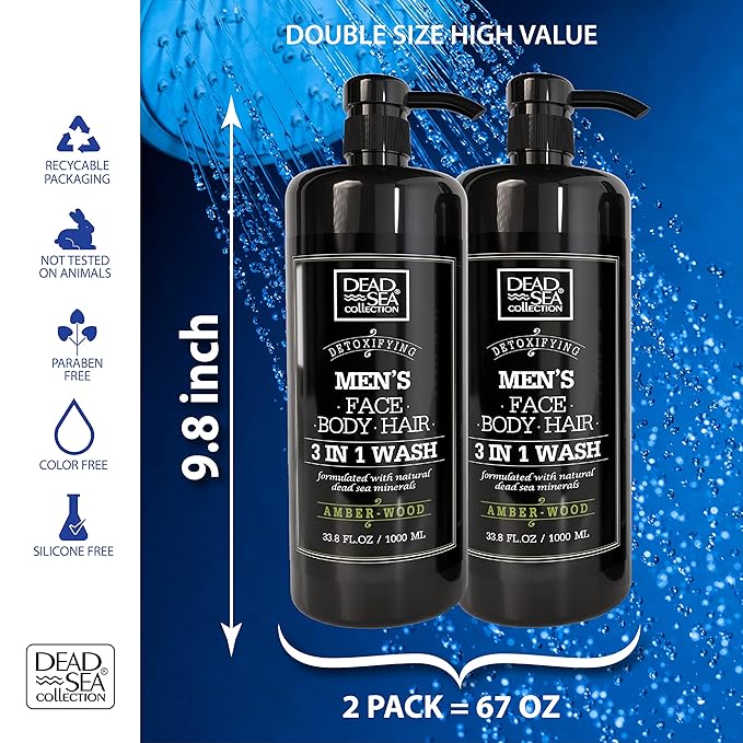 Dead Sea Collection Amber Wood Men’s Body Wash – 3 in 1 Body Wash for Men for Hair, Face & Body – Moisturizing Shower Gel with Dead Sea Minerals – Pack of 2 (33.8 fl oz each)