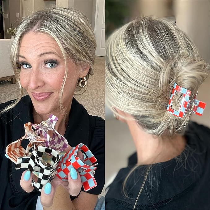 Checkered Rectangle Y2K Hair Claw Clips and Barrettes- 6 Pcs Large and Small Strong Hold Hair Accessories for Thin & Thick Hai