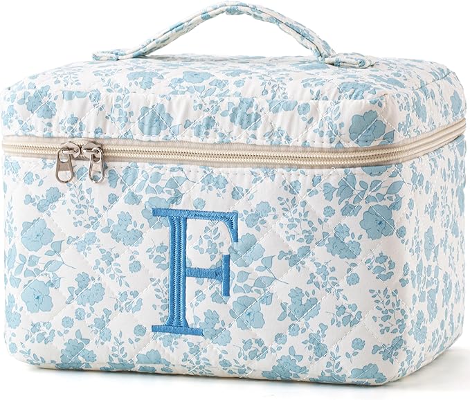 HBselect Initial Quilted Makeup Bag, Cotton Large Travel Makeup Bag, Cute Floral Coquette Make up Bag Cosmetic Bag Toiletry Bag for Women Girls F