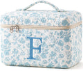 HBselect Initial Quilted Makeup Bag, Cotton Large Travel Makeup Bag, Cute Floral Coquette Make up Bag Cosmetic Bag Toiletry Bag for Women Girls F