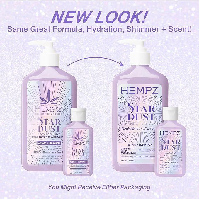Hempz NEW Mini Star Dust Body Lotion, Iridescent Glow Shimmer, Passionfruit and Wild Orchid, Hydrating and Nourishing Moisturizer, 2.25 fl.oz.