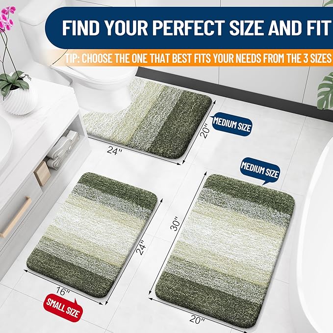 OLANLY Bathroom Rug Set 2 Piece, Soft Absorbent Microfiber Bath Mats and U-Shaped Contour Toilet Rug, Non-Slip, Machine Wash Dry, Plush Shaggy Bath Mats for Bathroom (30"x20"+24"x20", Dark Green)
