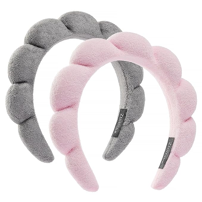 Spa Terry Cloth Headband Combo Pack - 2 Puffy Makeup Headbands for Facial Care, Face Washing, and Mask Application (Pink + Grey)