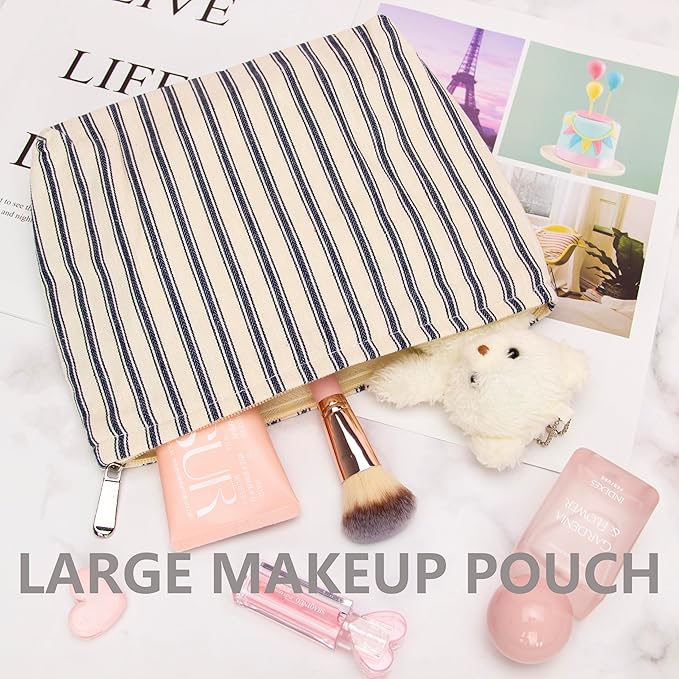 PAZIMIIK Makeup Bag Large Cotton Zipper Pouch for Purse Travel Canvas Make Up Organizer for Women Cosmetic,Vintage Stripe Navy Blue