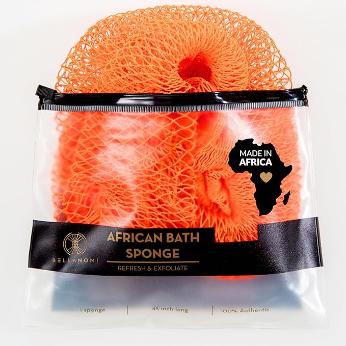 BELLANOMI African Exfoliating Net Sponge, Authentic, Ethically sourced from Nigeria, 45 inches Long, Back Scrubber for Daily use (Orange)