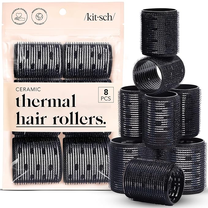 Kitsch Ceramic Thermal Hair Rollers for Women – Self Grip Hair Curlers for Heatless Curls Overnight, Long Lasting Frizz-Free Curls Volumizing Large Rollers for All Hair Types - Black, 8pcs