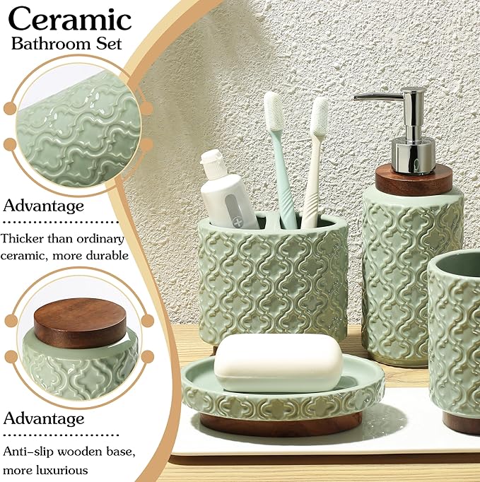 Elegant Bathroom Accessories Set 6 PCS Ceramic and Wood Bathroom Accessory Set Soap Dispenser Toothbrush Holder Tumbler Soap Dish Tray Trash Can Easy to Clean Quatrefoil Pattern Green