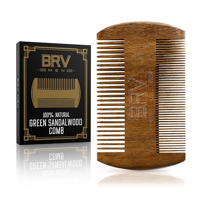 BRV MEN Beard & Mustache Comb, 100% Natural Green Sandalwood, Pocket Beard Comb with Carry Case, Wooden Beard Comb for Men For All Types and Styles of Hair & Beard