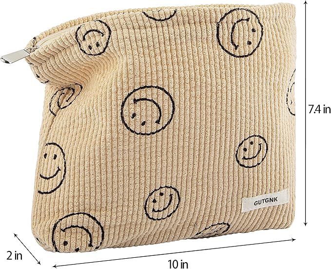 GUTGNK Makeup bag for Women, Corduroy Cosmetic Bag Aesthetic Design Ladies Tote Bag,Cute Smiley Face Makeup Organizer with Zipper - Khaki