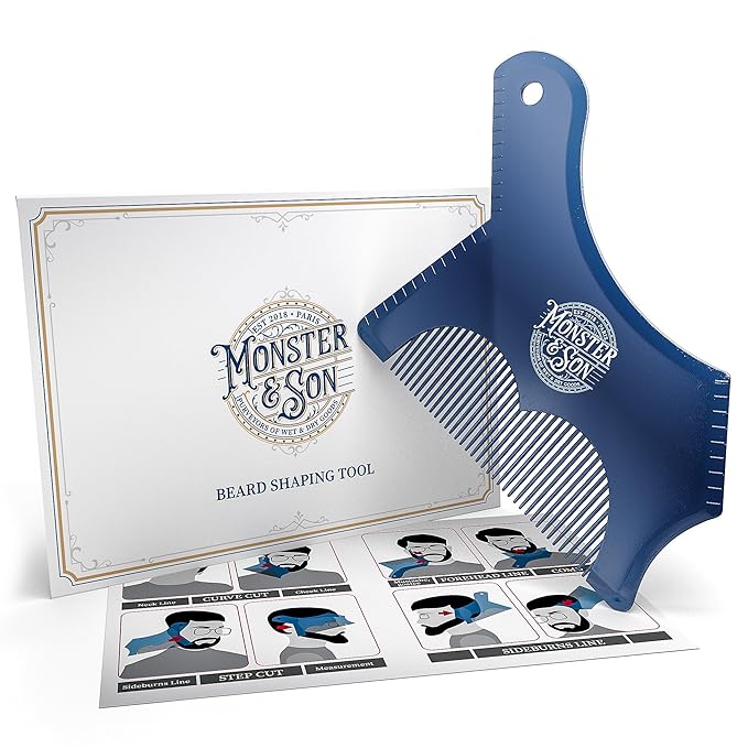 Monster&Son Beard Shaping Tool For Men - Classic Oversized Design (Blue Clear) - Lineup Stencil Shaper for Styling and Shaping - Alignment Guides for Perfect Symmetry