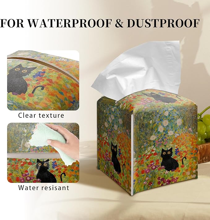 Grace Yonks Art Tissue Box Cover Square - Black Cat in Wildflower Garden Design 5.2" PU Leather Holder for Vanity, Desk, or Bathroom Counter - Cube Case for Facial Tissues. (120)
