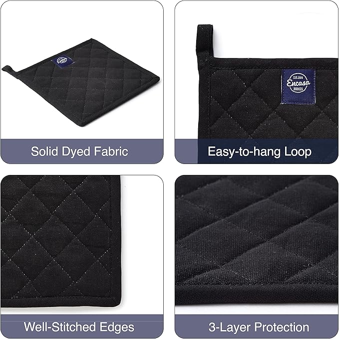 Encasa XO Heat Resistant Cotton Pot Holders with Hanging Loop - Set of 2 - Full Black - Multipurpose Quilted Everyday Hot Pad for Kitchen, Camping, BBQ & Microwave - 8x8 in