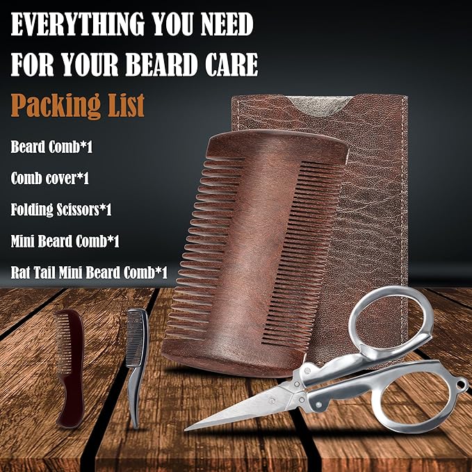 BFWood Mens Beard Comb: Small Travel Beard Set - Grooming Sandalwood Mustache Comb, Mustache Trimming Sissors With Storage Bag