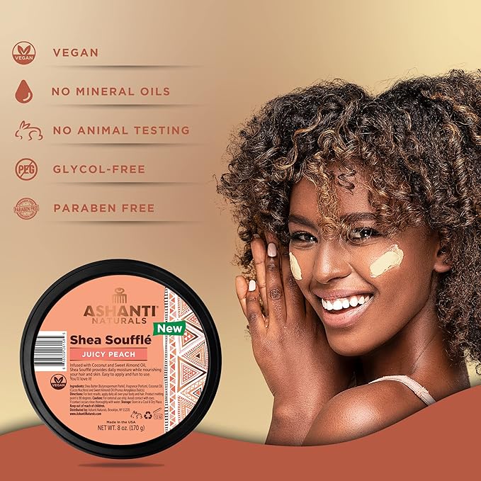 Ashanti Naturals Scented Whipped Shea Butter for Skin | African Body Butter for Women w/Coconut, Almond Oil (Juicy Peach Souffle, 8 oz)