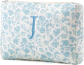 HBselect Initial Quilted Makeup Bag, Cotton Large Travel Makeup Bag, Cute Floral Coquette Make up Bag Cosmetic Bag Toiletry Bag for Women Girls J