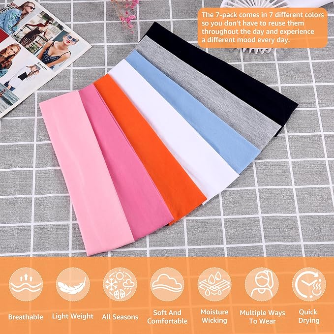 Headbands for Women, Stretchy Non Slip Soft Cotton Cloth Hair Bands for Sports, Workout, Yoga and Running, 7pcs