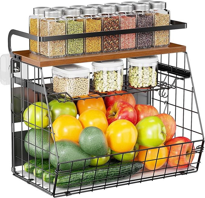 Delamu Magnetic Shelf for Fridge with Wood Lid, 3 Tier Pull Out Fruit Basket, Pantry Organizers for Refrigerator, Cabinet, Kitchen Counter, Laundry (1 Pack)