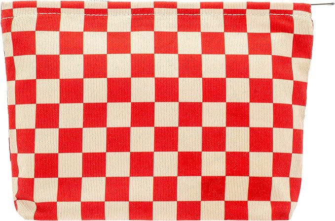 PAZIMIIK Makeup Bag Large Zipper Corduroy Make Up Pouch for Purse Travel Canvas Cosmetic Organizer for Women Brush Storage,Checkered Red