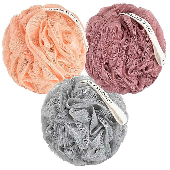 MainBasics Bath Shower Loofah Sponge Pouf Body Scrubber Exfoliator Body Wash Sponge (Set of 3, Coral Reef)