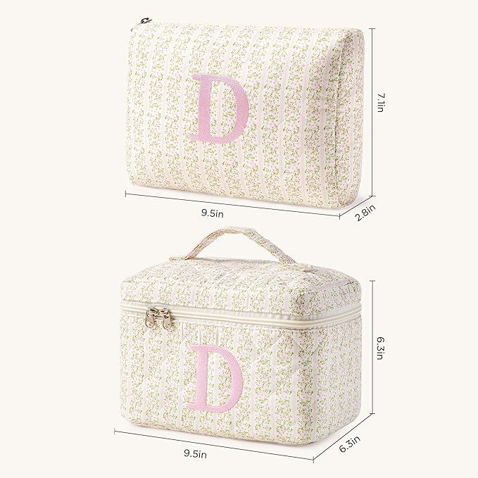 HBselect 2Pcs Initial Quilted Makeup Bag, Pink Cosmetic Travel Toiletry Bag, Flowers Coquette Zipper Make Up Pouch Organizer Teen Girl Gift Trendy Stuff D
