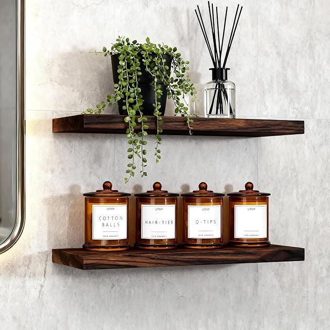 4 Pack Bathroom Organizers and Storage - 16 Oz Glass Qtip Holder & Cotton Pad Dispenser with Lid, Apothecary Jars for Home, Room Decor, Kitchen Organizer (Amber)