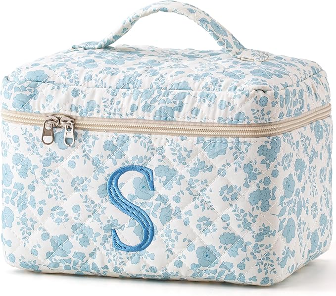 HBselect Initial Quilted Makeup Bag, Cotton Large Travel Makeup Bag, Cute Floral Coquette Make up Bag Cosmetic Bag Toiletry Bag for Women Girls S