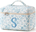 HBselect Initial Quilted Makeup Bag, Cotton Large Travel Makeup Bag, Cute Floral Coquette Make up Bag Cosmetic Bag Toiletry Bag for Women Girls S
