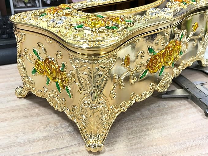 9.45"x5.43"x3.94" Luxurious Rose Tissue Box with Imitation Diamonds, Embossed Flowers, Elegant Tissue Paper Holders for Home Toilet Bath Hotel,Gold-Yellow