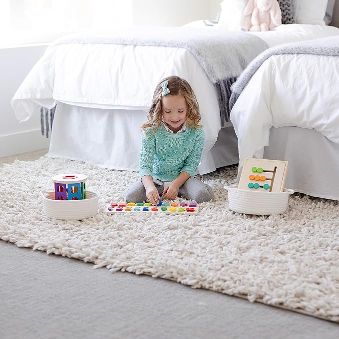 NaturalCozy 5-Piece Round Small Woven Baskets Set– Cotton Rope Baskets for Organizing! Montessori Toys, Fruits Remotes Key Tray Bowl for Entryway Desk, Shallow Catchall Home Décor, Cat Dog Bin Gift
