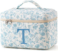 HBselect Initial Quilted Makeup Bag, Cotton Large Travel Makeup Bag, Cute Floral Coquette Make up Bag Cosmetic Bag Toiletry Bag for Women Girls T