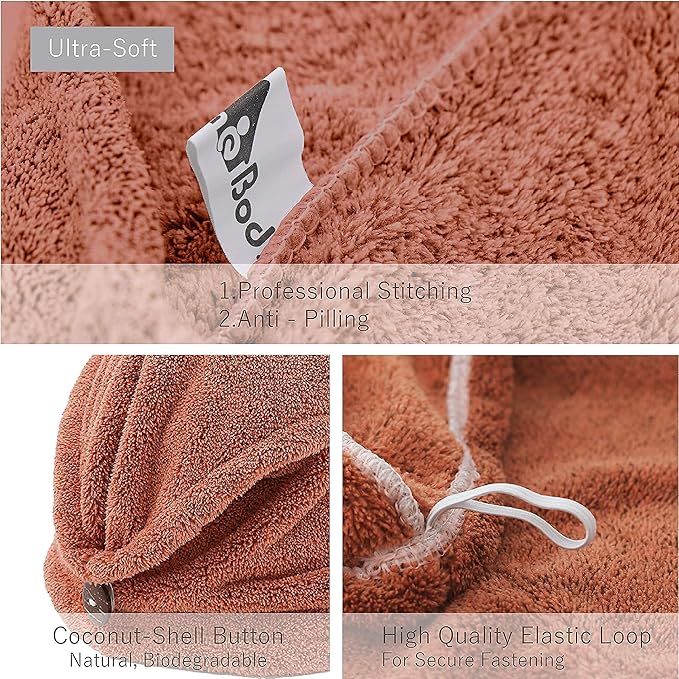myHomeBody Hair Towel Wrap, Luxury Quick Drying Turban, Ultra Soft Absorbent Charcoal Fiber Cap, with Coconut Shell Button – Cinnamon
